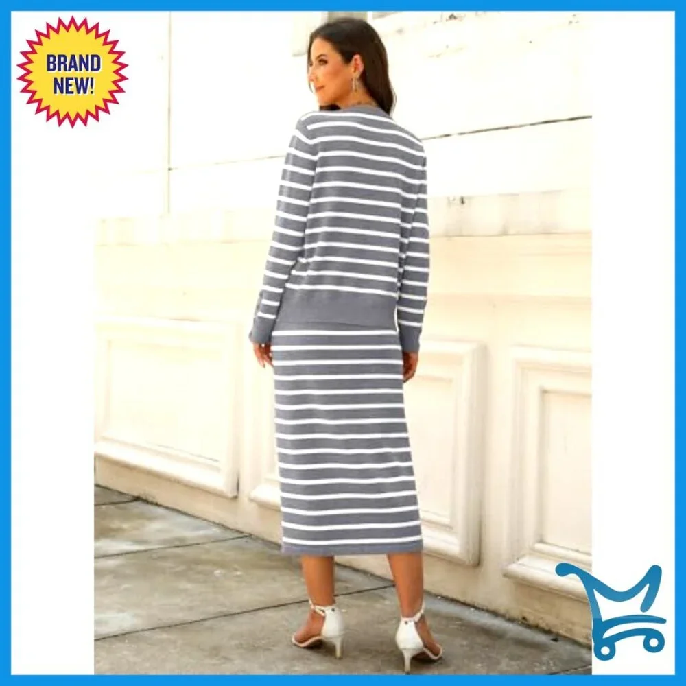 Striped Sweater Skirt Set Loose Fit Knit Lounge Thermal Travel Outfit - Picture 5 of 6